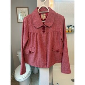 Tulle Women's L Red Herringbone Swing Jacket Blazer Peter Pan Collar Retro